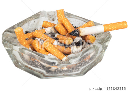 Glass Ashtray with Extinguished Cigarette Inside on White Background Glass Ashtray with Extinguished Cigarette Inside on White Background 131842316