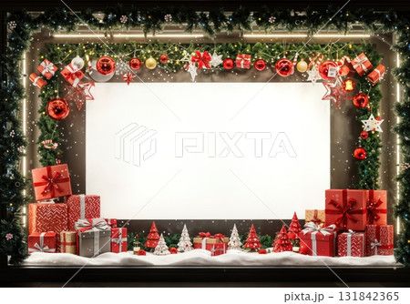 Christmas Storefront Window Mockup with Large Blank Poster Space Surrounded by Festive Merchandise Christmas Storefront Window Mockup with Large Blank Poster Space Surrounded by Festive Merchandise 131842365
