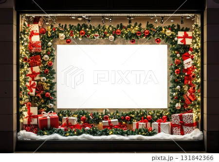 Christmas Storefront Window Mockup with Large Blank Poster Space Surrounded by Festive Merchandise 131842366