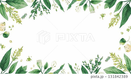 淡い緑の水彩画風の葉っぱ。背景素材。 131842389
