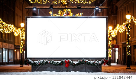 Christmas Billboard Winter Street Scene with Pristine White Advertising Space and Warm Amber Streetlights 131842444