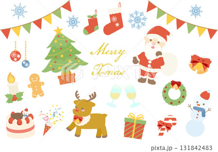 ふんわりかわいいクリスマスのイラスト素材セット｜サンタ、トナカイ、ツリー 131842483