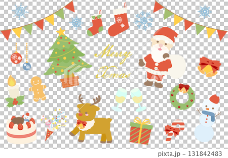 ふんわりかわいいクリスマスのイラスト素材セット｜サンタ、トナカイ、ツリー 131842483
