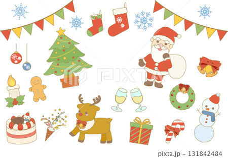ふんわりかわいいクリスマスのイラスト素材セット|サンタ、トナカイ、ツリー ふんわりかわいいクリスマスのイラスト素材セット|サンタ、トナカイ、ツリー 131842484