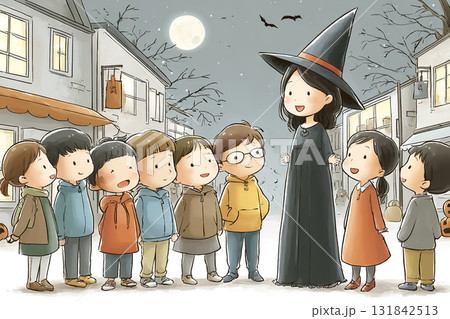 美優シリーズ：ハロウィンの夜に街で子どもたちと笑顔で話す高校生魔女美優 131842513