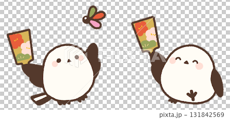 羽根付きをする2羽のシマエナガのイラスト 羽根付きをする2羽のシマエナガのイラスト 131842569