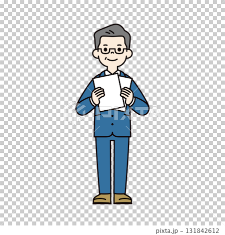 白い書類を手に持って説明する、ミドル世代の男性社長のシンプルな全身ベクターイラスト素材 白い書類を手に持って説明する、ミドル世代の男性社長のシンプルな全身ベクターイラスト素材 131842612