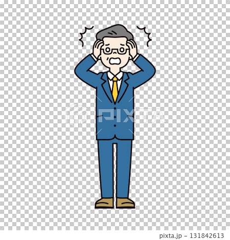 一個簡單的全身向量插圖，描繪了一位 60 多歲或 70 多歲的男性經理震驚地抱住頭 131842613