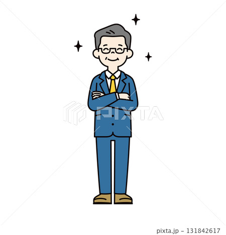 満足そうに微笑む・部下を褒める、60代・70代の男性社長のシンプルな全身ベクターイラスト素材 131842617