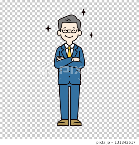 満足そうに微笑む・部下を褒める、60代・70代の男性社長のシンプルな全身ベクターイラスト素材 131842617