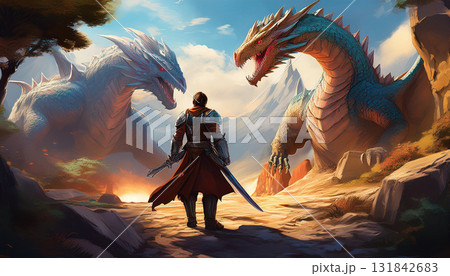 RPGファンタジーゲームジャケット風竜と戦士の戦闘シーン	 131842683