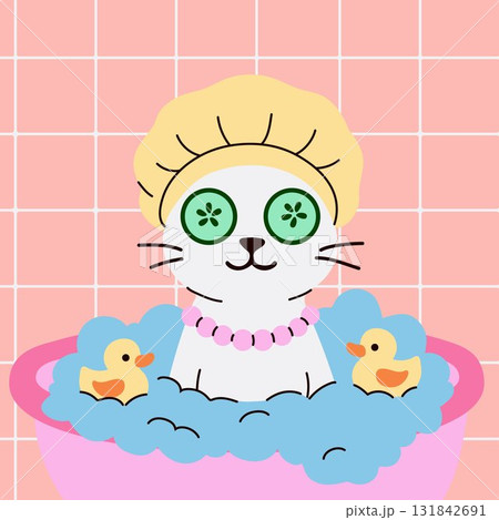 Cute Cat in Bubble Bath with Cucumber Eyes and Rubber Ducks 131842691