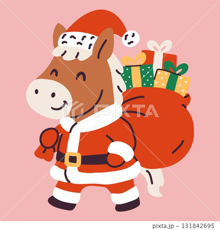 Cartoon Horse Dressed as Santa with Holiday Presents 131842695