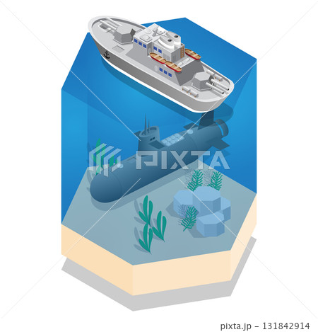 Warship and Submarine. Isometric. Vector illustration. Warship and Submarine. Isometric. Vector illustration. 131842914