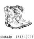 Cowgirl boots with florals. Vintage western cowboy footwear isolated ink black on white illustration 131842945