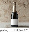 Minimal mockup of a champagne bottle with white label on boho neutral background. 131842976