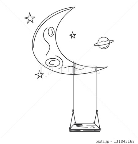 Vector illustration design of a swing line hanging on the moon with stars and planets, suitable for learning to color Vector illustration design of a swing line hanging on the moon with stars and planets, suitable for learning to color 131843168
