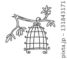 doodle vector illustration of a bird cage hanging on a tree 131843171