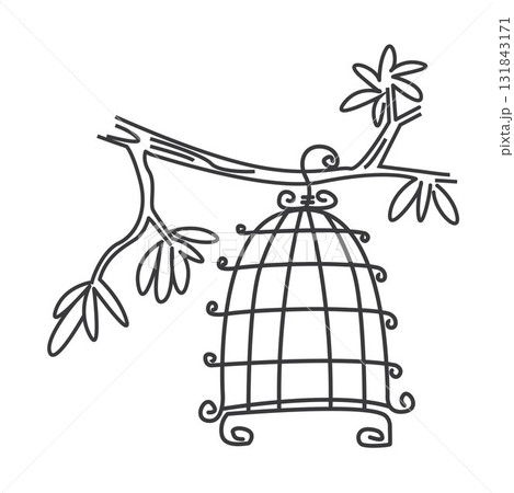 doodle vector illustration of a bird cage hanging on a tree 131843171