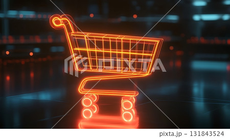 Neon Shopping Cart Icon Representing E-Commerce and Online Shopping 131843524