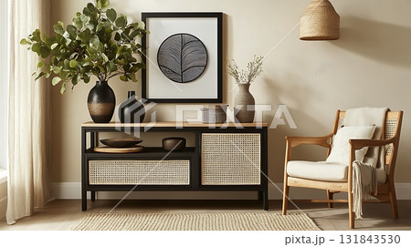 Stylish Modern Living Room with Furniture and Decorative Accessories 131843530