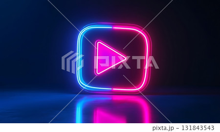 Neon Play Button in Square Frame with Bright Light Effects Neon Play Button in Square Frame with Bright Light Effects 131843543