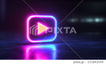 Neon Play Button in Square Frame with Bright Colors and Glow Neon Play Button in Square Frame with Bright Colors and Glow 131843544