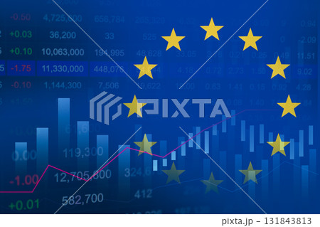 EU flag on stock investment trading with coin and graph. 131843813