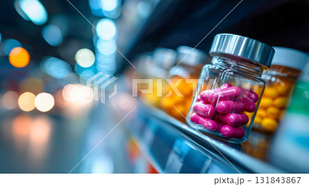 Close-up of colorful vitamin capsules and pills in transparent jars on a shelf 131843867
