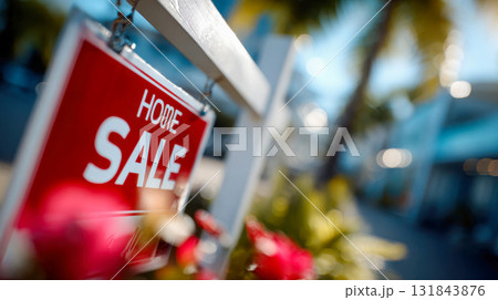 Red Home for Sale sign displayed in front of a suburban house on a sunny day Red Home for Sale sign displayed in front of a suburban house on a sunny day 131843876