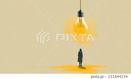 Single glowing lightbulb floating above person, creativity, idea, inspiration, minimal, yellow Single glowing lightbulb floating above person, creativity, idea, inspiration, minimal, yellow 131844234