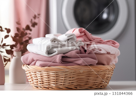 A laundry basket with a pile of folded towels next to a washing machine. Washing machine and basket in a laundry room 131844366