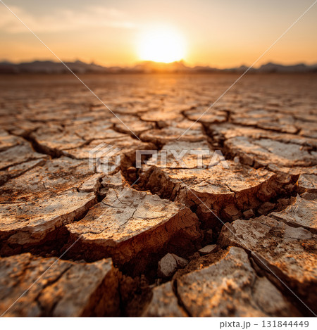 ひび割れた大地と沈む夕日|干ばつと地球温暖化を象徴する環境イメージ ひび割れた大地と沈む夕日|干ばつと地球温暖化を象徴する環境イメージ 131844449