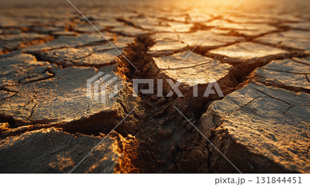 ひび割れた大地と沈む夕日｜干ばつと地球温暖化を象徴する環境イメージ 131844451