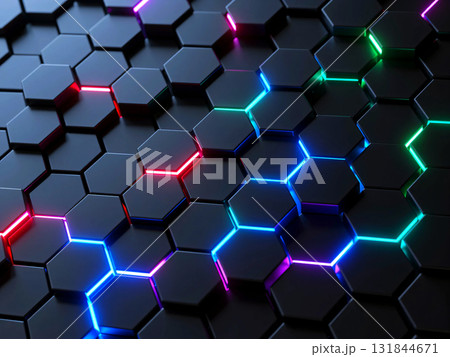 LEDが光る六角形のメカニカルなハニカム構造の背景素材 131844671