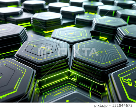 LEDが光る六角形のメカニカルなハニカム構造の背景素材 131844672