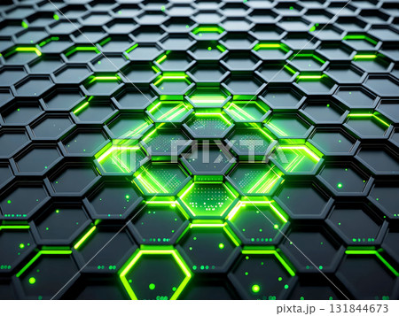 LEDが光る六角形のメカニカルなハニカム構造の背景素材 131844673