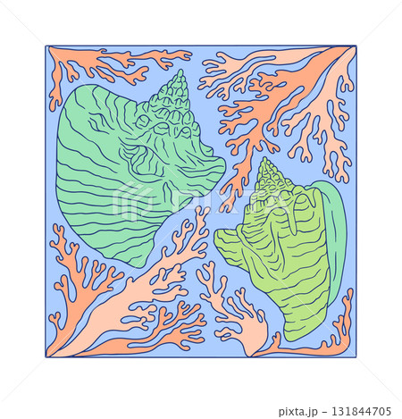 Art nouveau pastel conch shells in frame of seaweed or corals hand drawn vector illustration 131844705