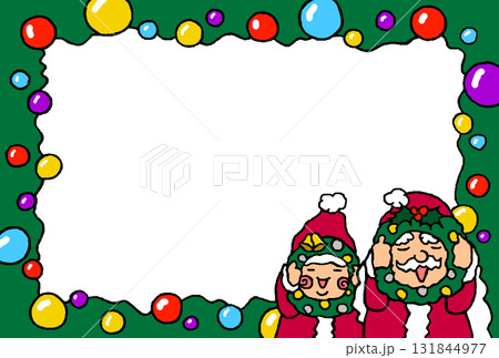 クリスマスリースから顔を覗かせるおじいさんサンタと子どもサンタのフレーム 131844977