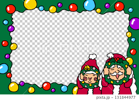 クリスマスリースから顔を覗かせるおじいさんサンタと子どもサンタのフレーム 131844977