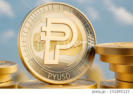 暗号資産ペイパルUSD（PYUSD）の象徴的P型ロゴ入り金色コインイラスト「AI生成画像」 131845125
