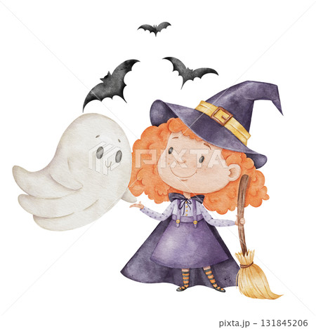 Watercolor illustration of a little witch with cute ghost 131845206