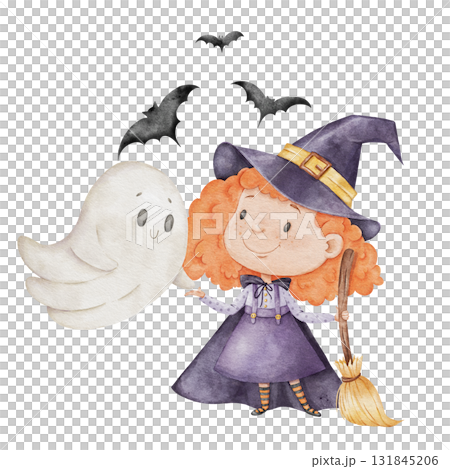 Watercolor illustration of a little witch with cute ghost 131845206