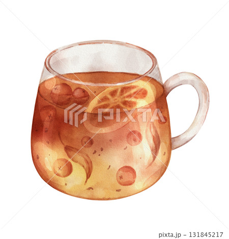 Watercolor illustration of a glass cup with tea  131845217