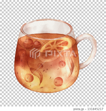 Watercolor illustration of a glass cup with tea  131845217