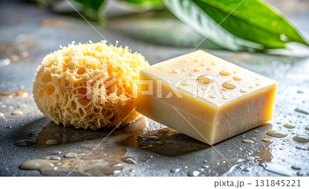 Natural sponge and handmade soap bar resting on a stone surface with water droplets and green leaves in the background, symbolizing eco-friendly skincare, spa relaxation, and self-care rituals Natural sponge and handmade soap bar resting on a stone surface with water droplets and green leaves in the background, symbolizing eco-friendly skincare, spa relaxation, and self-care rituals 131845221