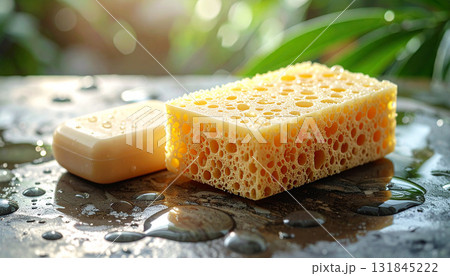 Natural sponge and handmade soap bar resting on a stone surface with water droplets and green leaves in the background, symbolizing eco-friendly skincare, spa relaxation, and self-care rituals Natural sponge and handmade soap bar resting on a stone surface with water droplets and green leaves in the background, symbolizing eco-friendly skincare, spa relaxation, and self-care rituals 131845222