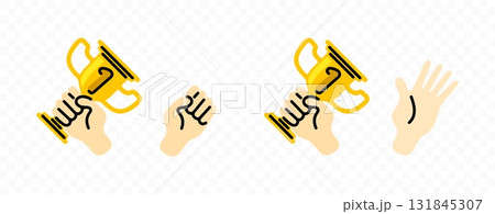 Hands holding golden trophy or prize cup, graphic design. Victory, achievement, celebration, success and recognition, vector design and illustration 131845307