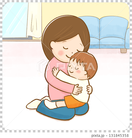 Illustration of a parent and child hugging with eyes closed and a peaceful expression (living room) / mother and child on lap Illustration of a parent and child hugging with eyes closed and a peaceful expression (living room) / mother and child on lap 131845358