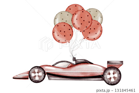 Race car watercolor illustration. Race car in pastel colors with balloons on a white background. Ideal for children's textiles, stickers and baby shower design for boys Race car watercolor illustration. Race car in pastel colors with balloons on a white background. Ideal for children's textiles, stickers and baby shower design for boys 131845461